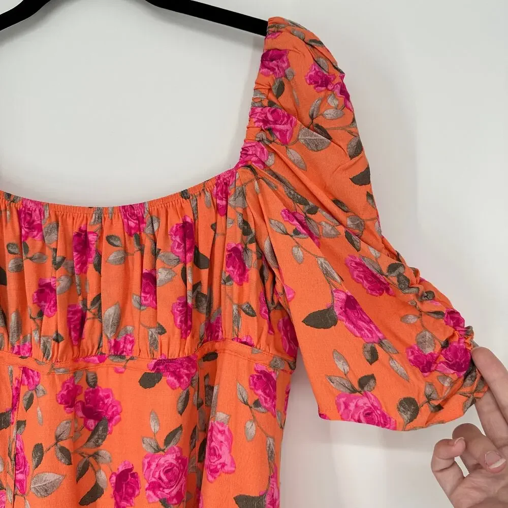 WAYF Liv Puff Short Sleeve Womens Mini Dress Bright Orange Pink Floral Rose XS